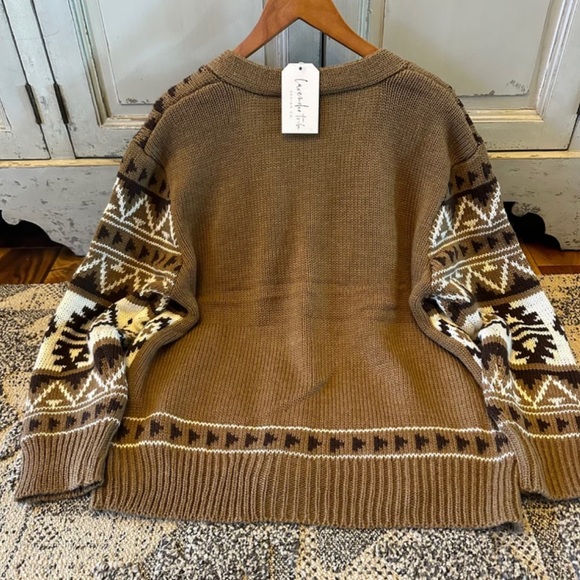 New Western Geometric Aztec Brown Knit Cardigan Sweater V-Neck Cowichan Top - Picture 5 of 6